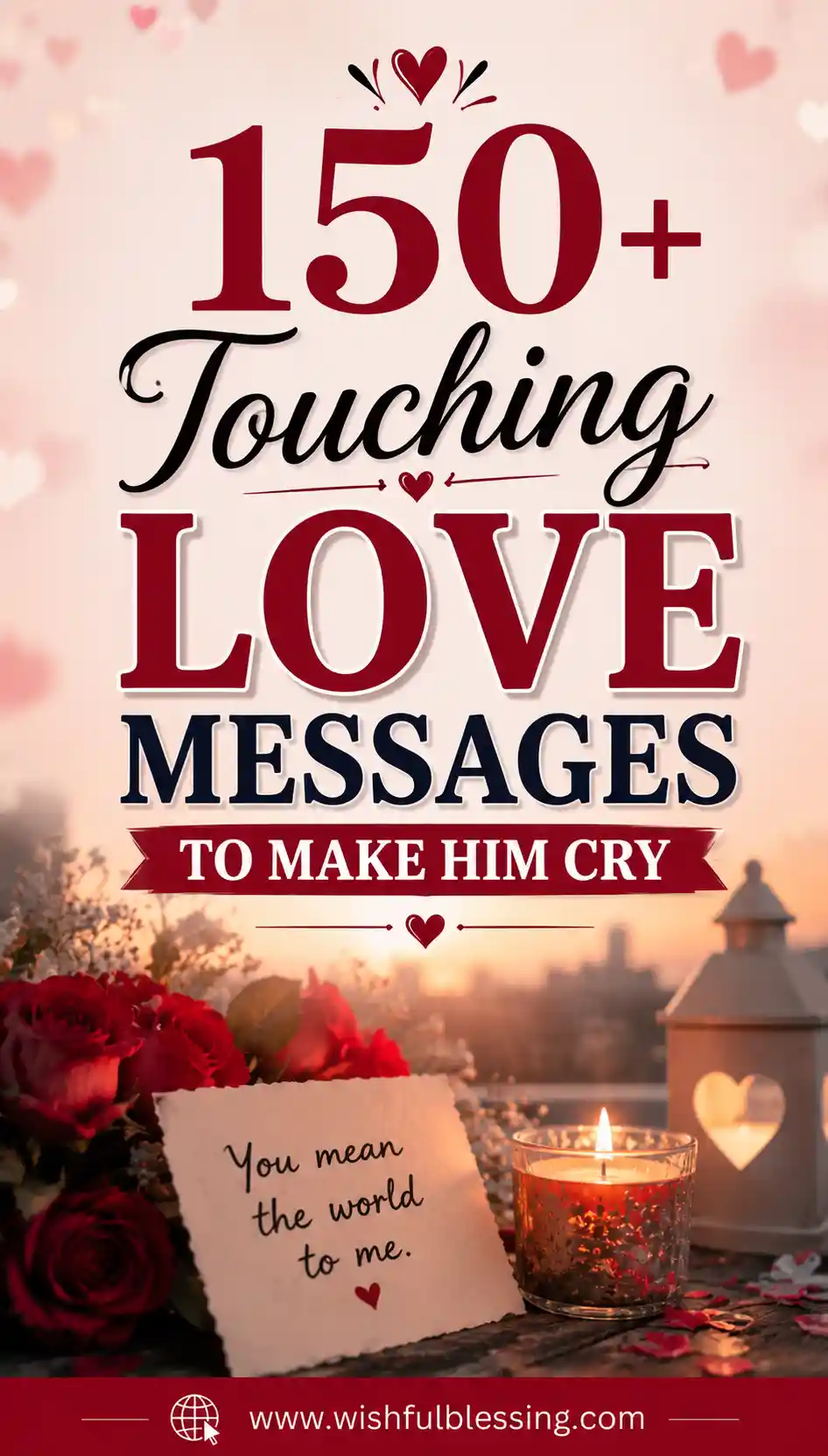 A romantic setup with roses, a lit candle, and a card that says You mean the world to me, with text above reading 150+ Touching Love Messages to Make Him Cry.