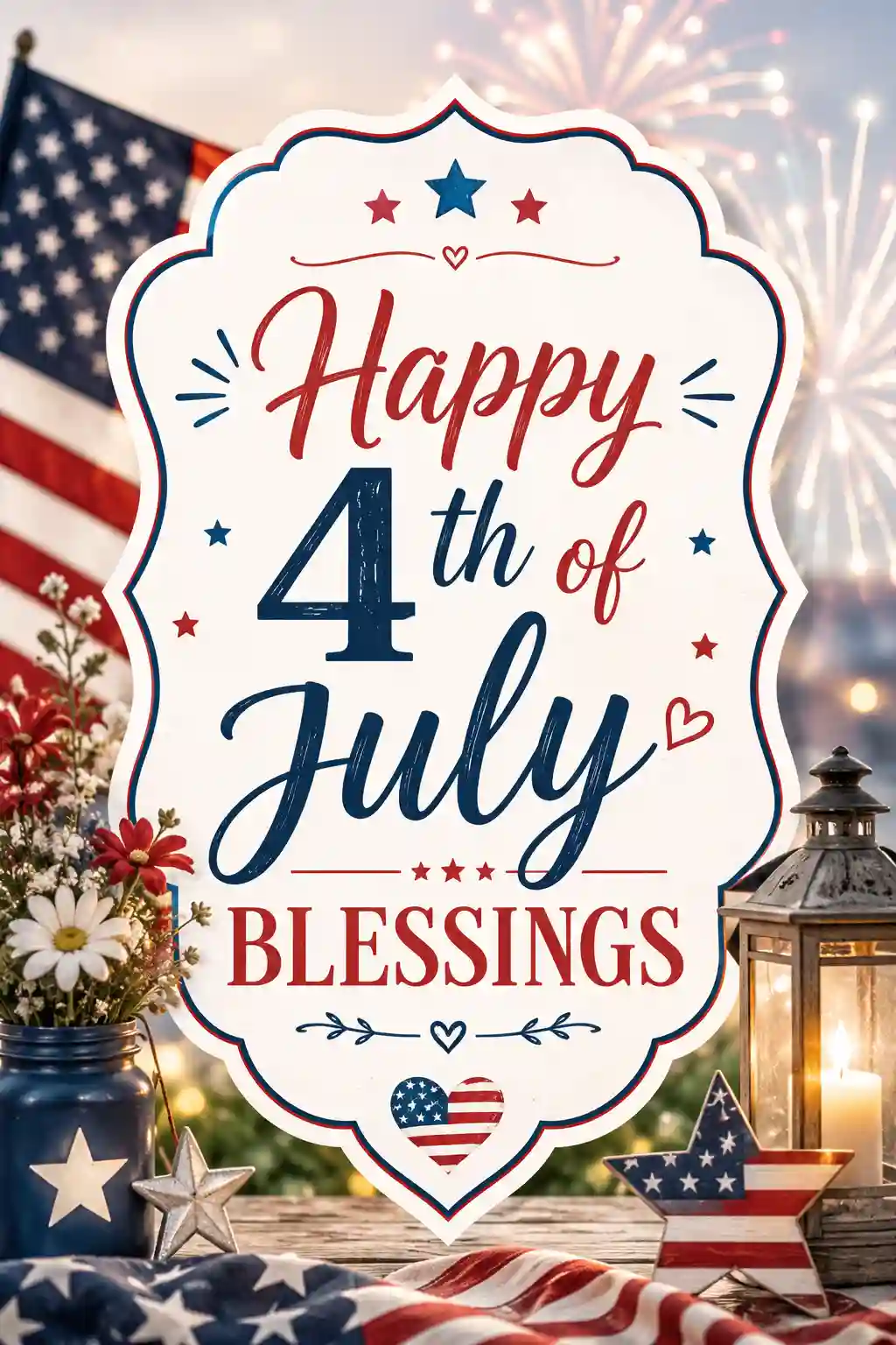 Patriotic-themed image with American flags, flowers, a lantern, and fireworks, featuring a sign that reads “Happy 4th of July Blessings” in red and blue lettering.