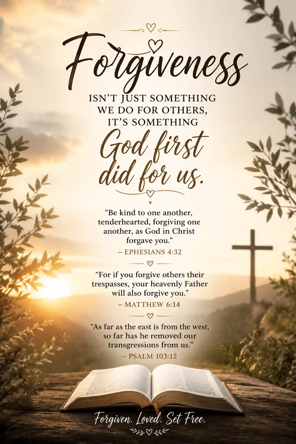 An open Bible rests on a wooden surface outdoors at sunrise, with a cross in the background. Inspirational Christian quotes about forgiveness are overlaid on the image, surrounded by leafy branches.