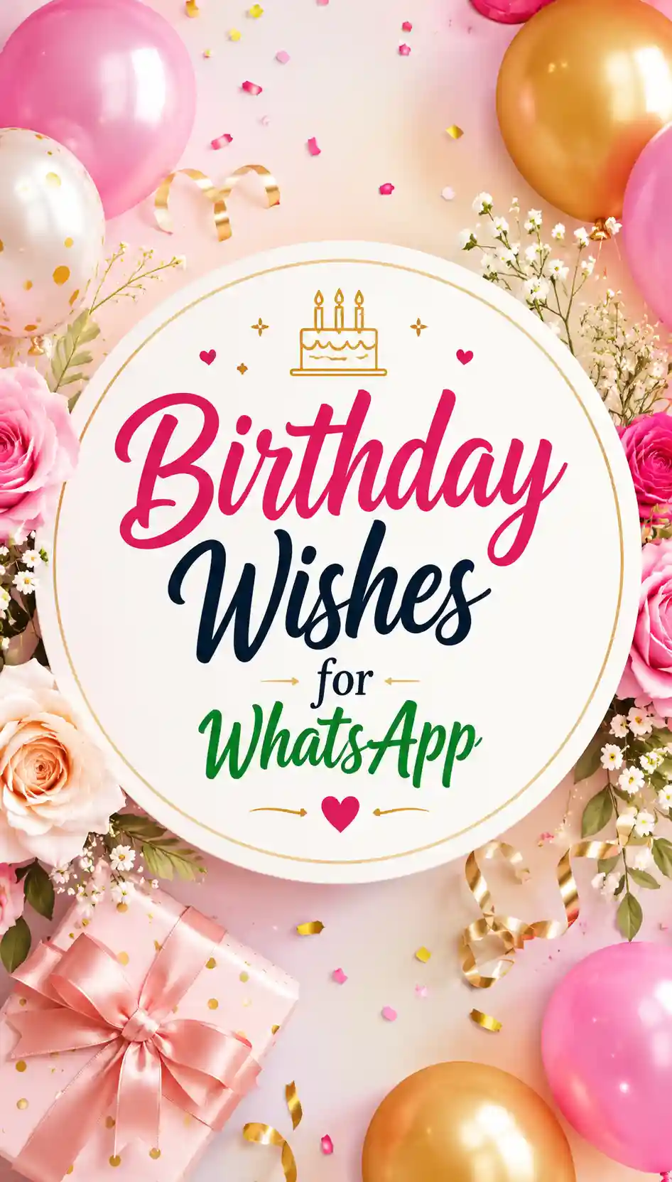 Round sign with Birthday Wishes for WhatsApp text, surrounded by pink roses, gold and pink balloons, confetti, and a wrapped gift on a light background.