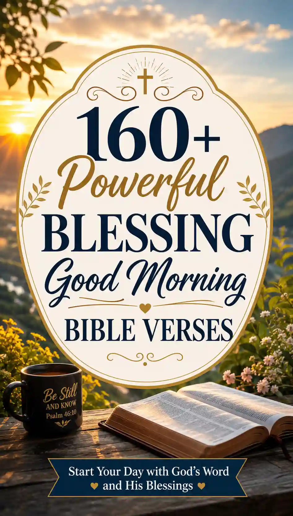 An open Bible and a mug on a table outdoors at sunrise, with text: “160+ Powerful Blessing Good Morning Bible Verses. Start Your Day with God’s Word and His Blessings.”.