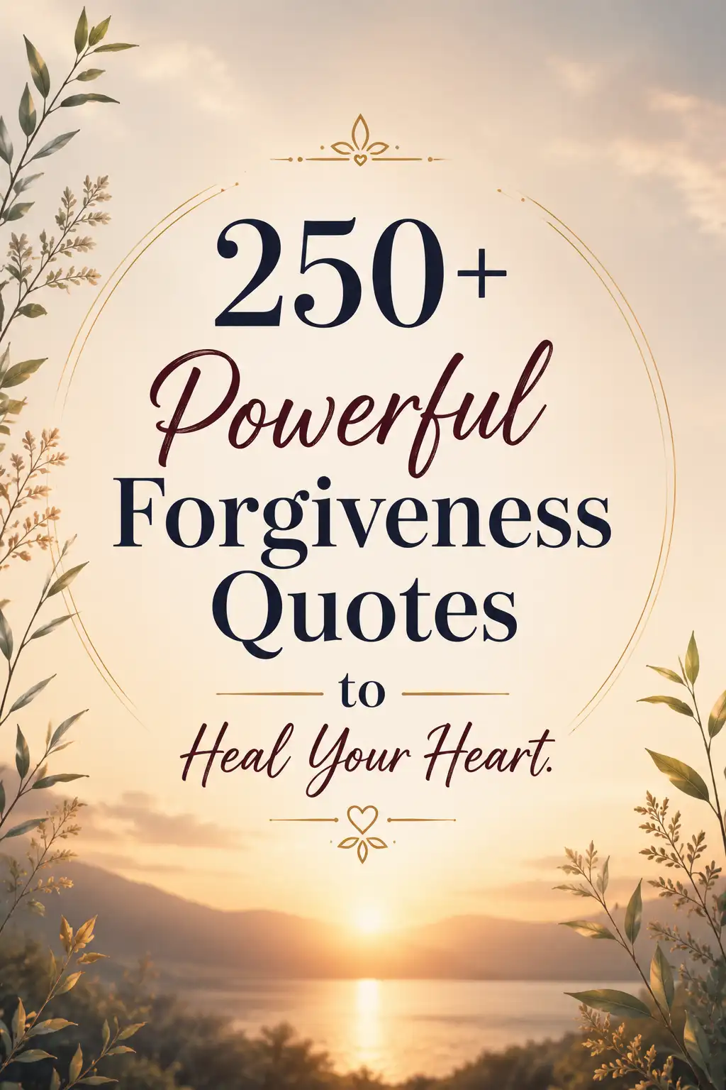 Text reading 250+ Powerful Forgiveness Quotes to Heal Your Heart over a sunrise background with soft foliage framing the scene.