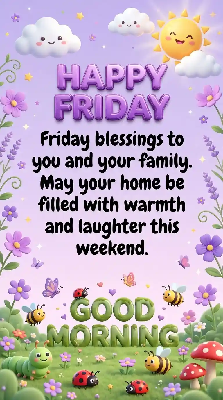 Colorful image with sun, clouds, flowers, ladybugs, bees, and butterflies. Text says: “HAPPY FRIDAY. Friday blessings…warmth and laughter this weekend. GOOD MORNING.”.
