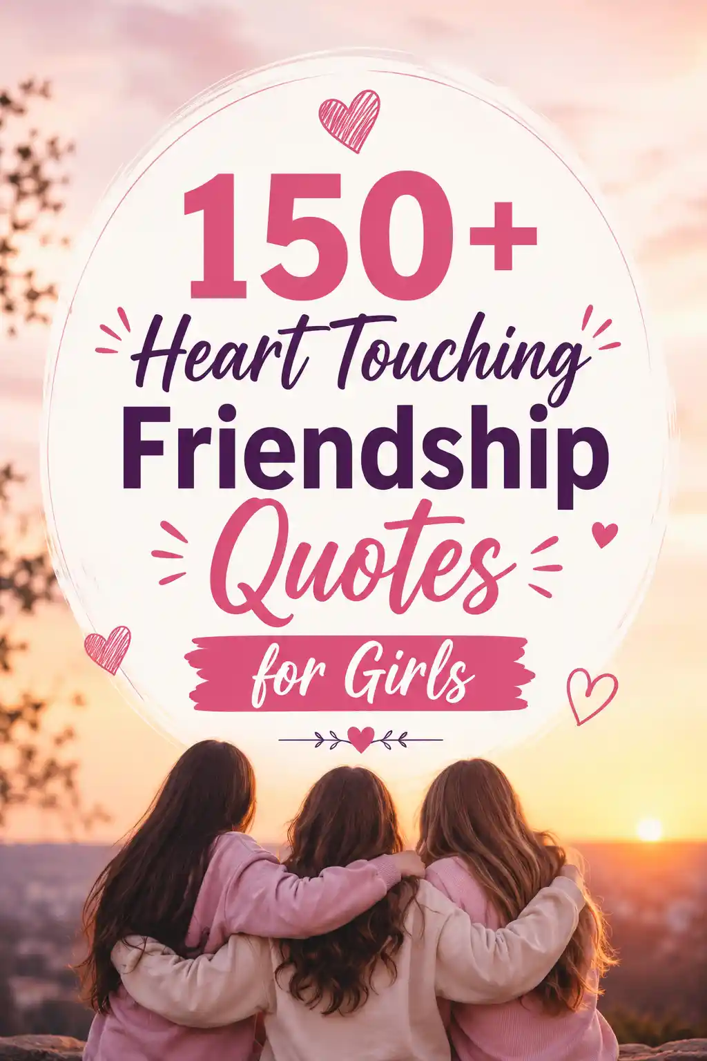 Three girls sit with arms around each other, facing a sunset. Overlaid text reads: “150+ Heart Touching Friendship Quotes for Girls” with hearts around the text.