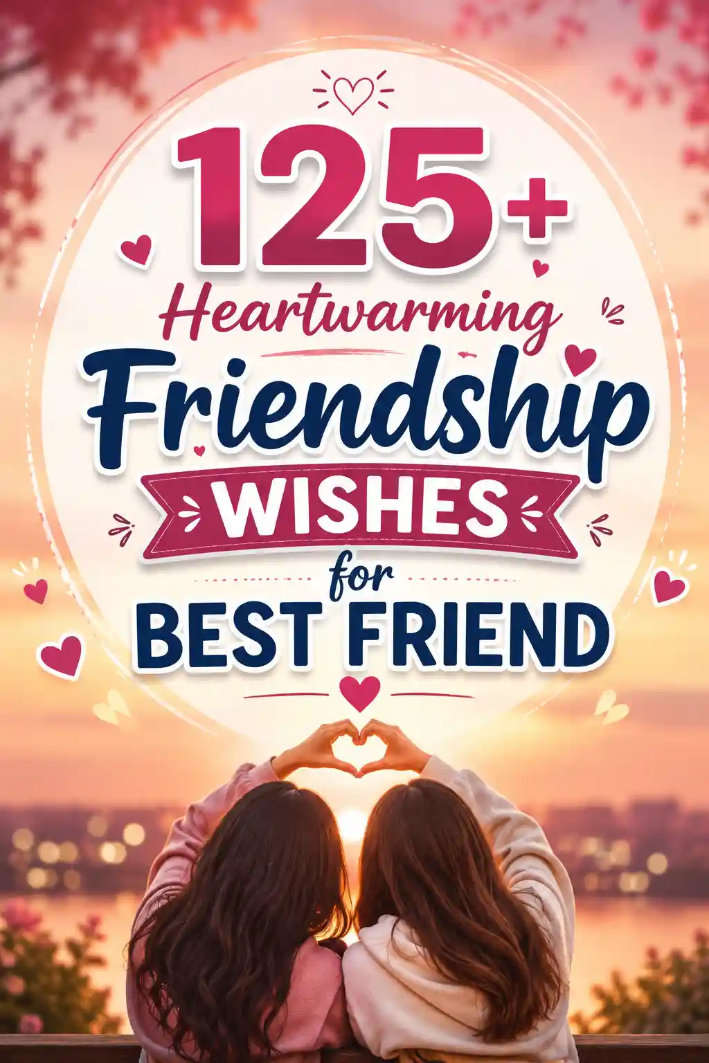 Two friends sit together at sunset, forming a heart shape with their hands. Text reads: 125+ Heartwarming Friendship Wishes for Best Friend with hearts decorating the scene.