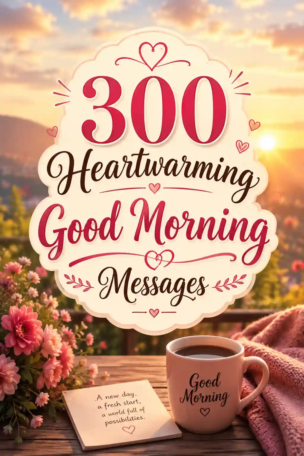 A sign reads “300 Heartwarming Good Morning Messages.” Nearby are pink flowers, a “Good Morning” mug, and a note saying, “A new day. A fresh start, a world full of possibilities.” Morning sunlight shines.