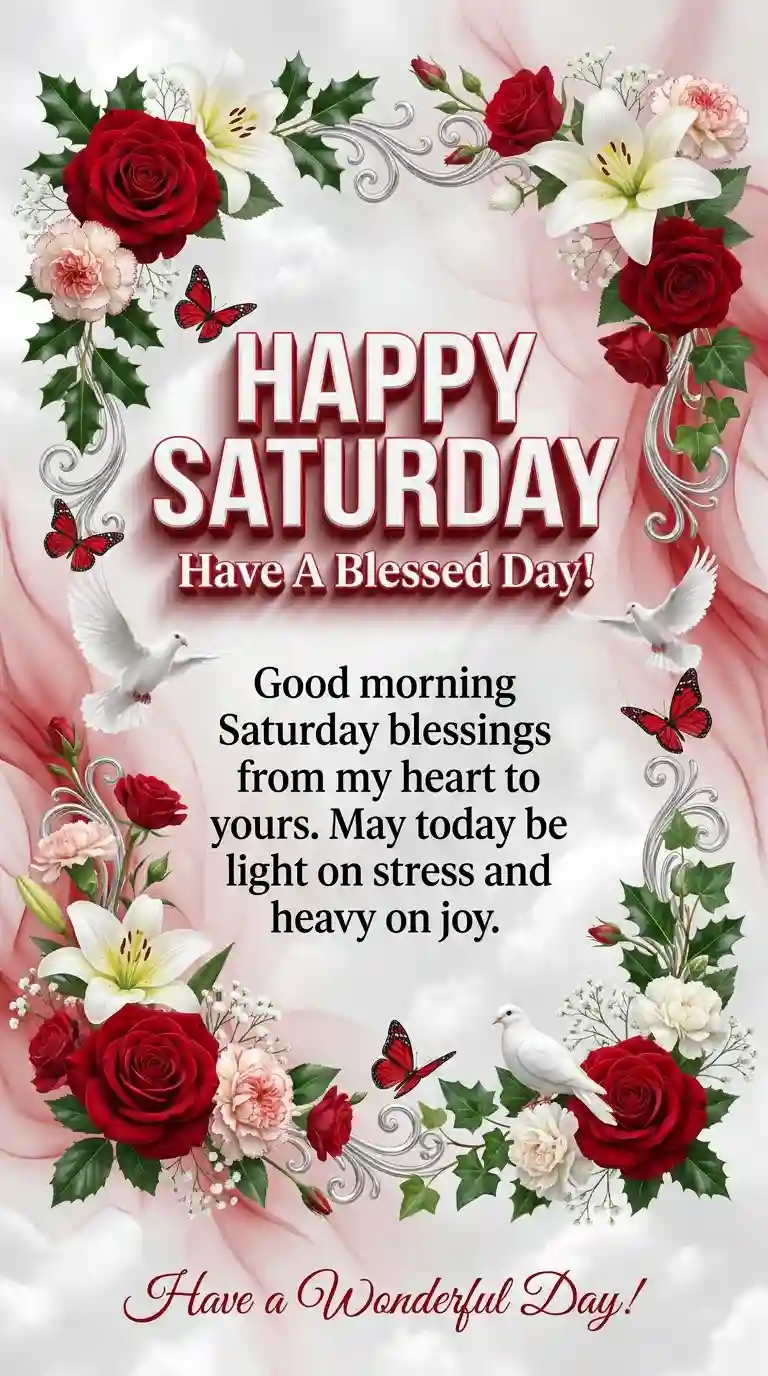 Floral border with roses, lilies, butterflies, and doves surrounds the text: “Happy Saturday. Have a Blessed Day! Good morning Saturday blessings…” and “Have a Wonderful Day!” on a soft pink and white background.