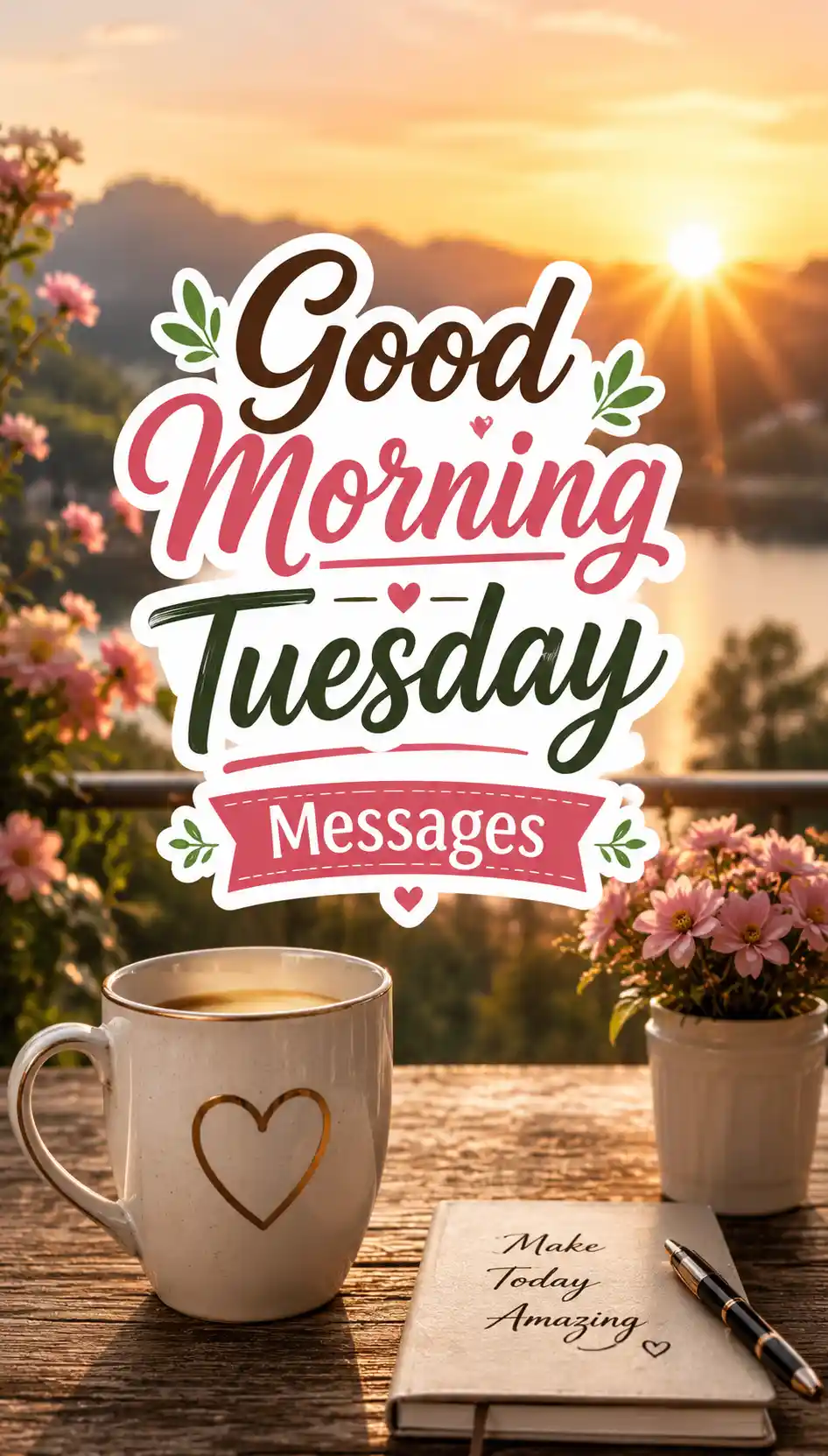 A mug with a heart, a notebook, and potted flowers on a table at sunrise. Text reads: Good Morning Tuesday Messages. The scene is warm and inviting.