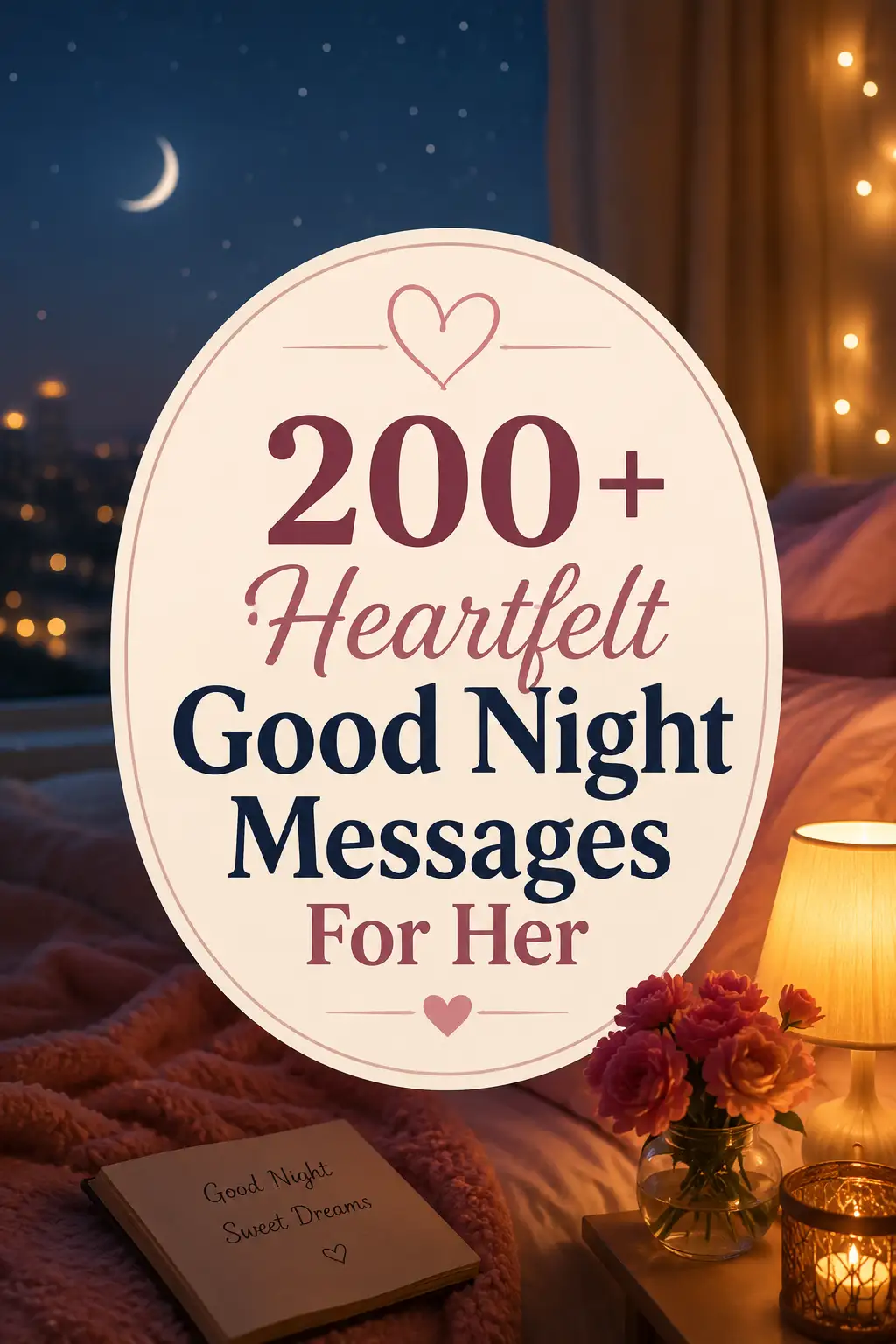 A cozy bedroom at night with city lights, a crescent moon, and stars outside. Text reads: 200+ Heartfelt Good Night Messages For Her. A notepad says Good Night, Sweet Dreams near a bouquet and bedside lamp.