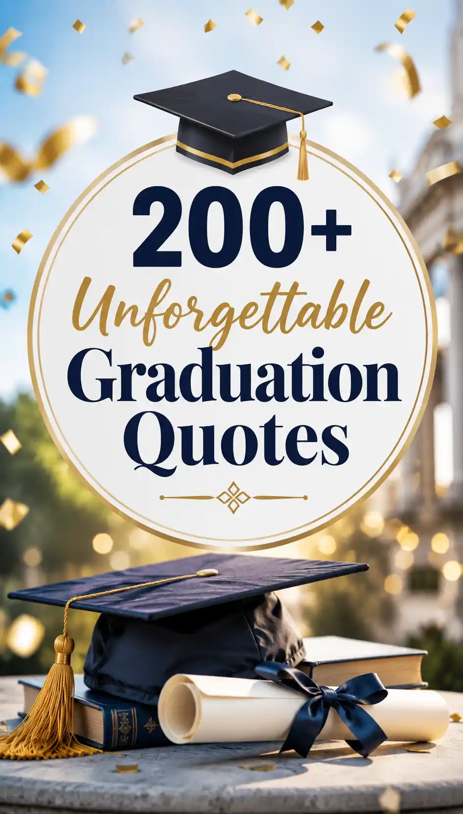 A sign with a graduation cap reads 200+ Unforgettable Graduation Quotes. Two graduation caps and diplomas are stacked on a stone surface, with golden confetti falling in the background.