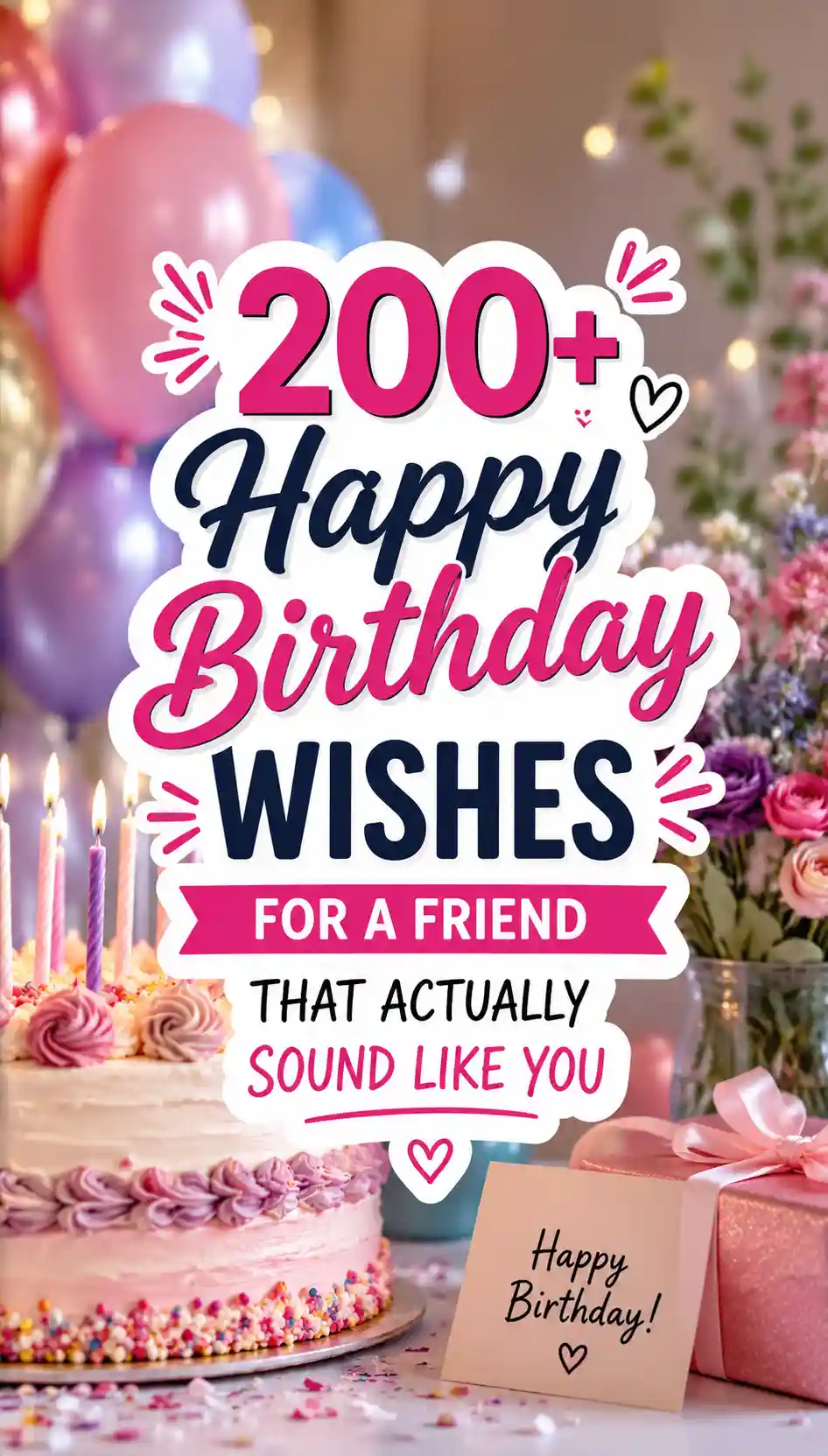 A birthday scene with a pink and white cake, pastel balloons, gifts, and flowers. Text says: 200+ Happy Birthday Wishes for a Friend That Actually Sound Like You.
