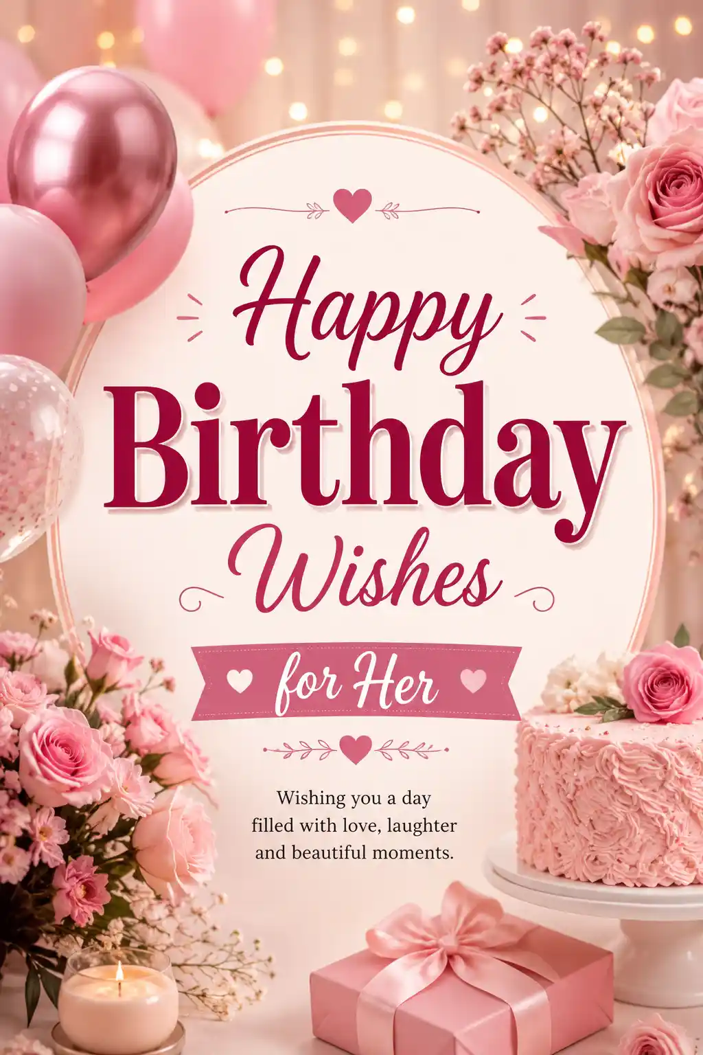 Pink-themed birthday scene with balloons, flowers, cake, a candle, and a wrapped gift. The text reads: Happy Birthday Wishes for Her. Wishing you a day filled with love, laughter and beautiful moments.