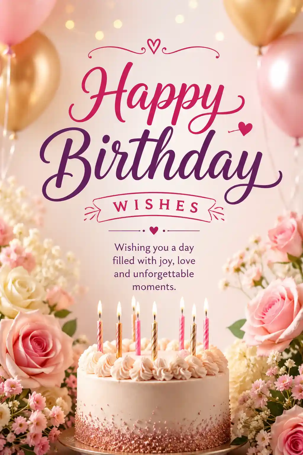 A birthday cake with pink candles sits among pink roses and balloons. The text reads: Happy Birthday Wishes. Wishing you a day filled with joy, love and unforgettable moments.
