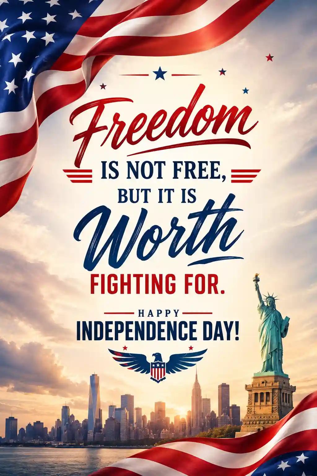 An American flag drapes the corners of the image. The Statue of Liberty stands before a city skyline. Text reads: Freedom is not free, but it is worth fighting for. Happy Independence Day!.