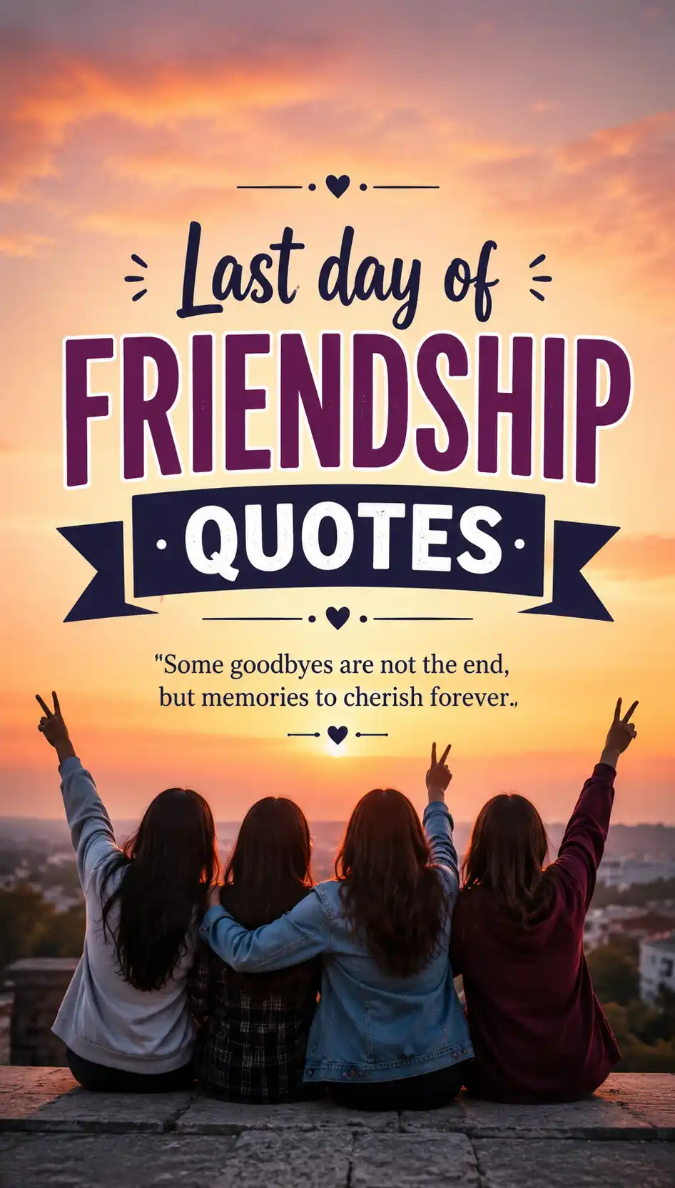 Four friends sit together at sunset with their arms around each other, making peace signs. The text reads: Last day of friendship quotes. Some goodbyes are not the end, but memories to cherish forever..