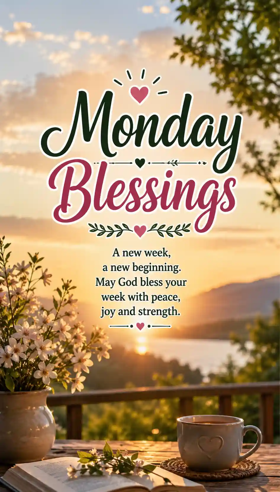 Coffee and flowers on a table overlook a lake at sunrise. Text reads: Monday Blessings. A new week, a new beginning. May God bless your week with peace, joy and strength.