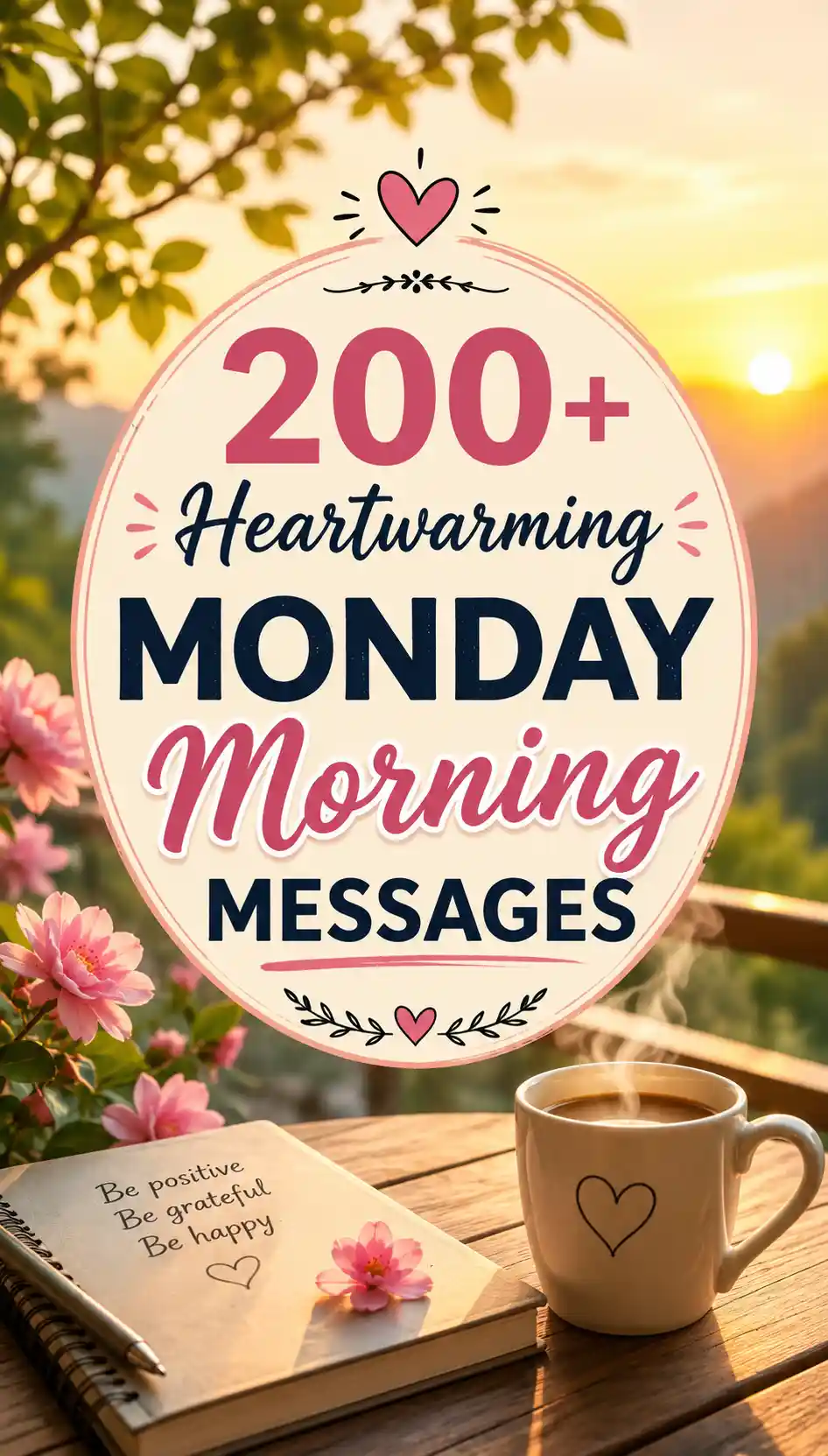 A coffee cup and journal sit on a table with pink flowers at sunrise. Text reads: 200+ Heartwarming Monday Morning Messages.