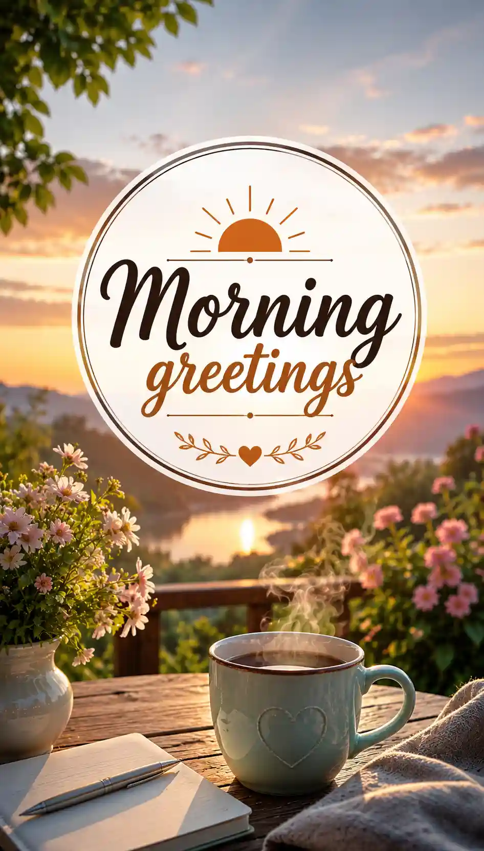 A steaming coffee cup, flowers, and notebook on a table outdoors at sunrise, with “Morning greetings” written over a bright sky and mountains in the background.