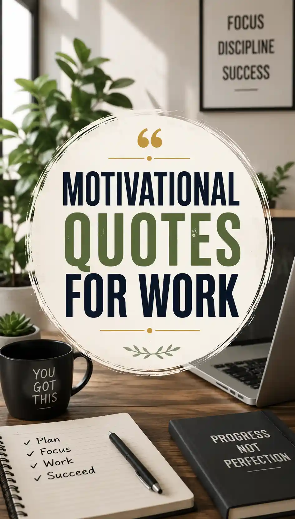 A desk with a laptop, notebook, coffee mug, and a sign reading Motivational Quotes for Work. In the background, a framed quote says Focus Discipline Success.