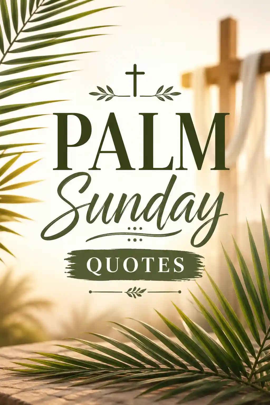 Palm leaves in the foreground, a wooden cross draped with white cloth in the background, and the text Palm Sunday Quotes with a cross icon above.