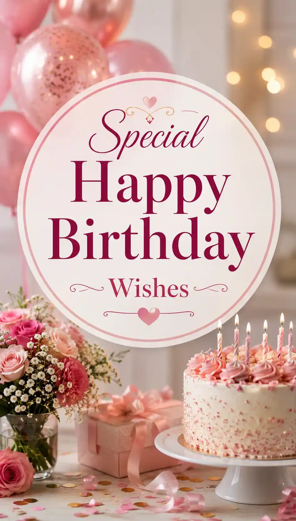 A birthday scene with pink balloons, flowers, a cake with candles, and a sign that reads “Special Happy Birthday Wishes.” Pink decorations and gift boxes are in the background.