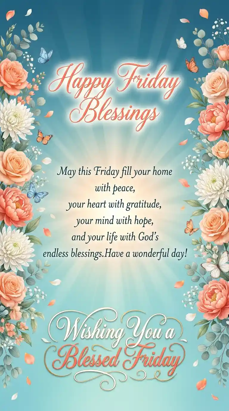 Floral border with roses and butterflies frames a message: Happy Friday Blessings and Wishing You a Blessed Friday, with a wish for peace, gratitude, hope, and Gods blessings.