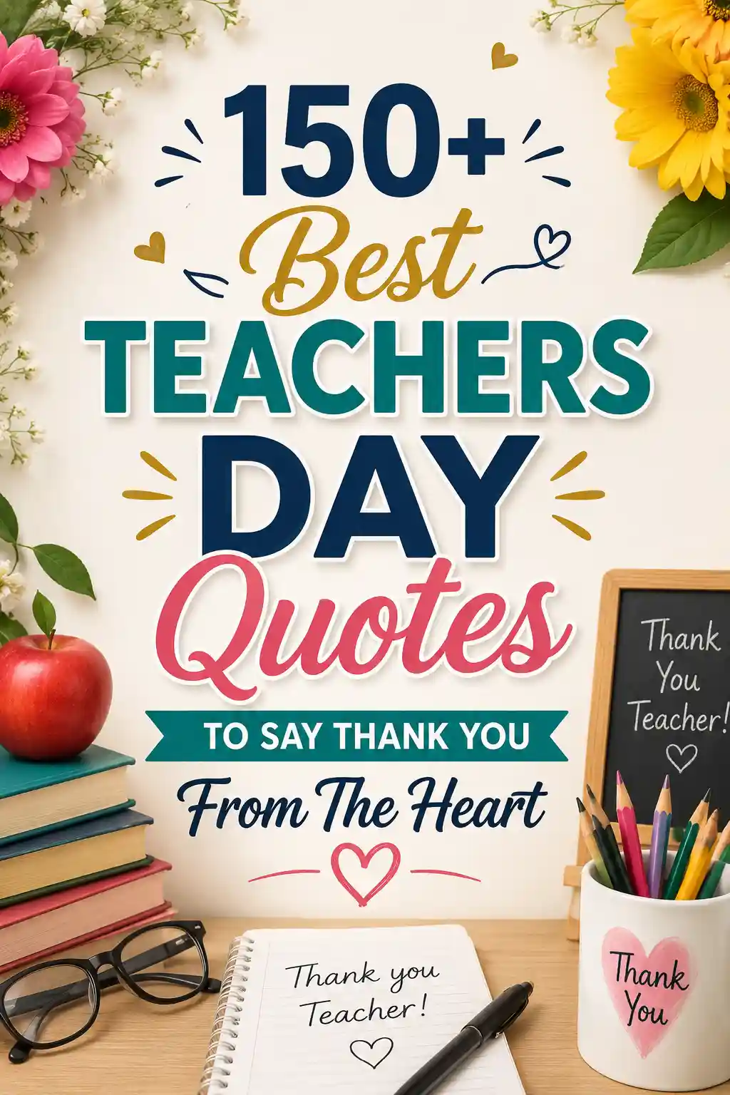 A sign reads, 150+ Best Teachers Day Quotes To Say Thank You From The Heart, surrounded by flowers, books, apple, pens, and thank you cards.