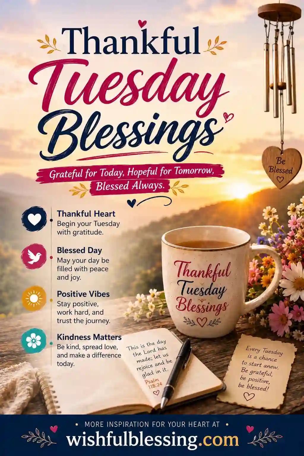 A cozy morning scene with a mug labeled “Thankful Tuesday Blessings,” a notepad, pen, flowers, and wind chimes. Encouraging messages about gratitude, peace, positivity, and kindness are featured on the image.