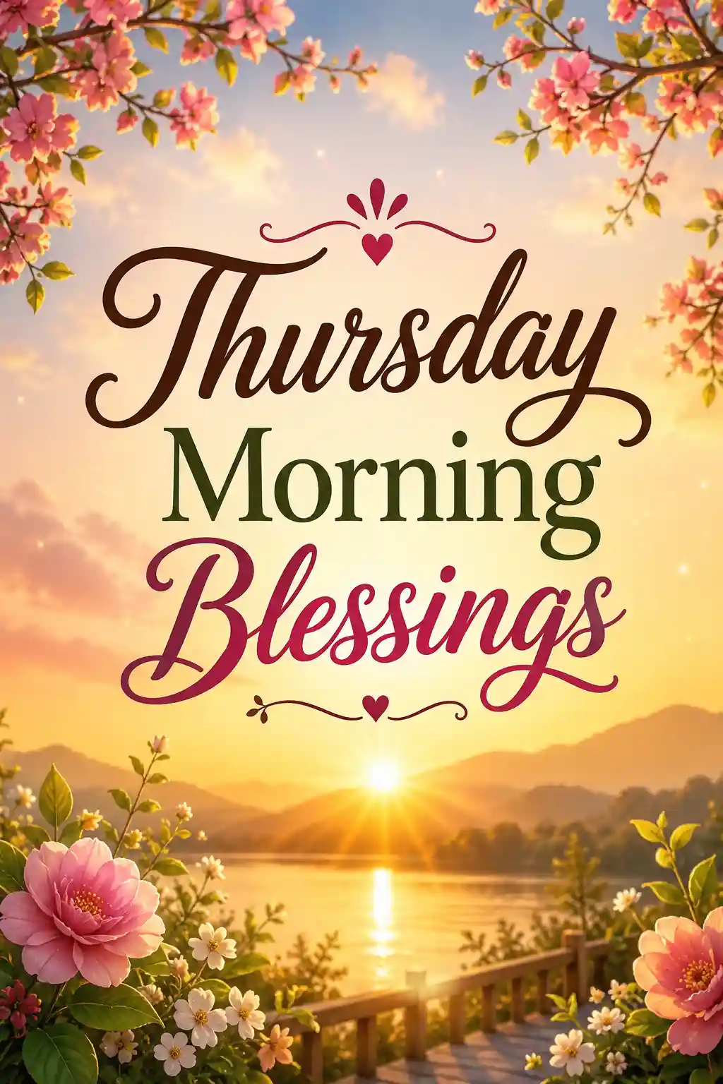 Sunrise over a lake with flowers and trees, featuring the text Thursday Morning Blessings in decorative fonts.