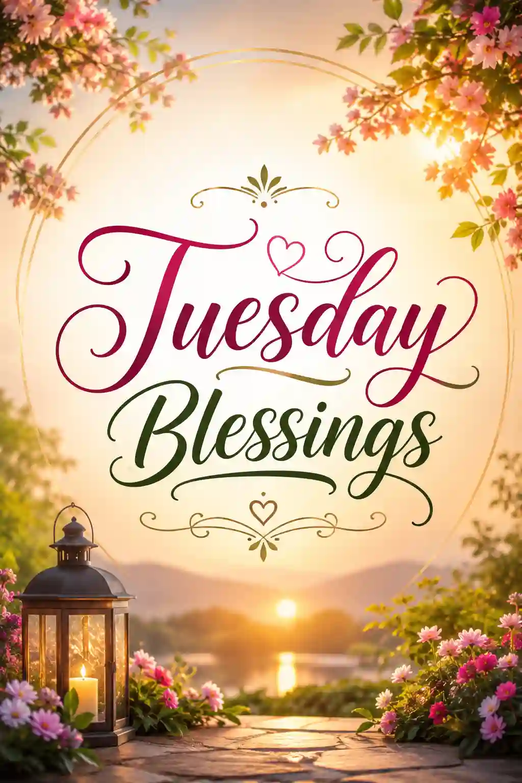 A lantern surrounded by pink flowers sits on a stone ledge at sunset. Decorative text in the center reads “Tuesday Blessings” with a glowing background and trees framing the scene.