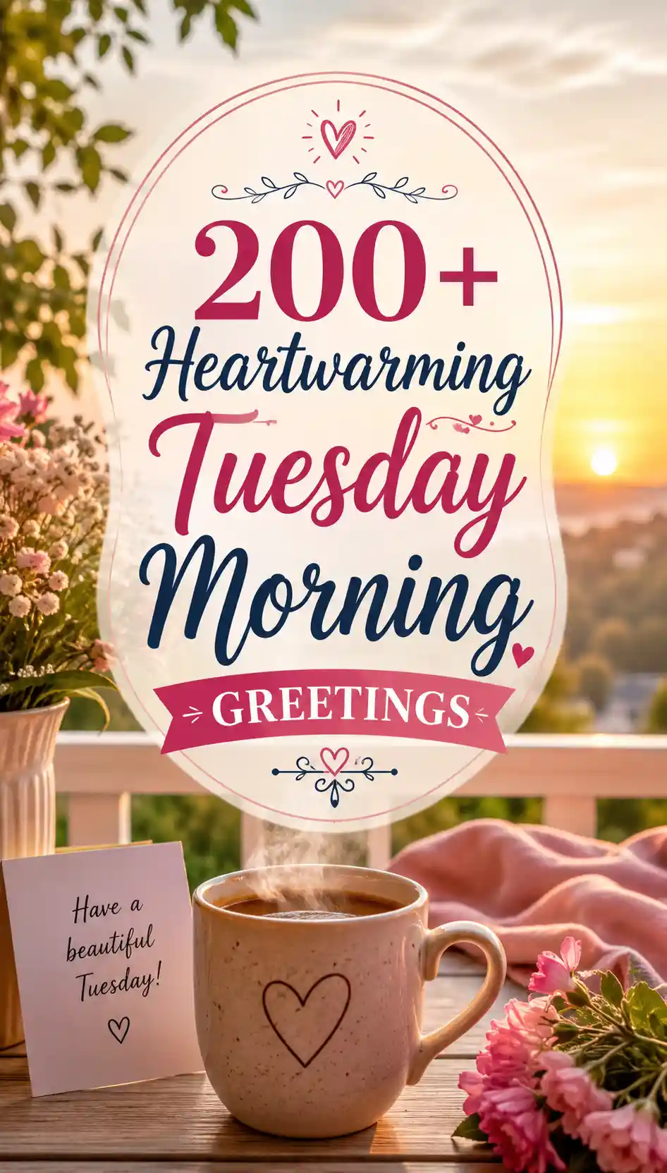 A coffee cup, flowers, and a note on a table at sunrise, with text: 200+ Heartwarming Tuesday Morning Greetings. Have a beautiful Tuesday!.
