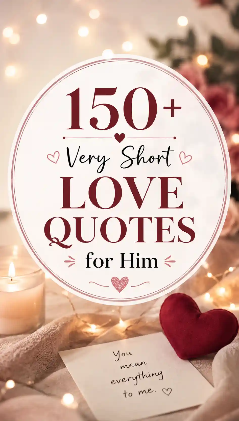 A round sign reads 150+ Very Short Love Quotes for Him with candles, a red heart, roses, string lights, and a note saying You mean everything to me. in the background.