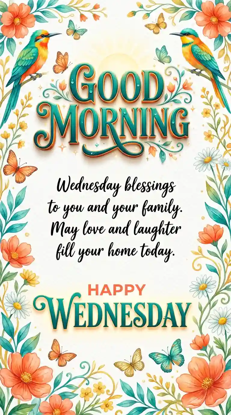 Colorful floral border with birds and butterflies surrounds the text: “Good Morning. Wednesday blessings to you and your family. May love and laughter fill your home today. Happy Wednesday.”.