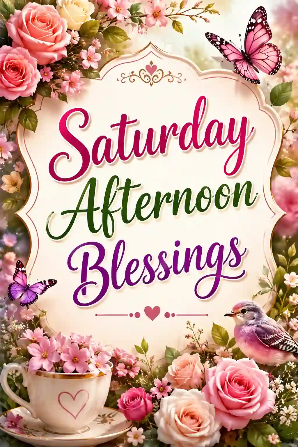 A decorative sign reads Saturday Afternoon Blessings with flowers, butterflies, a teacup, and a small bird surrounding the text.
