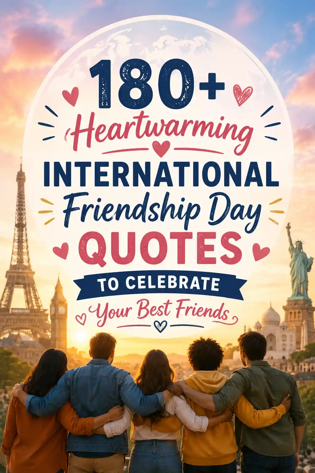 Four friends hug and look at a sunset with the Eiffel Tower and Statue of Liberty in the background. Overlaid text reads: 180+ Heartwarming International Friendship Day Quotes to Celebrate Your Best Friends.