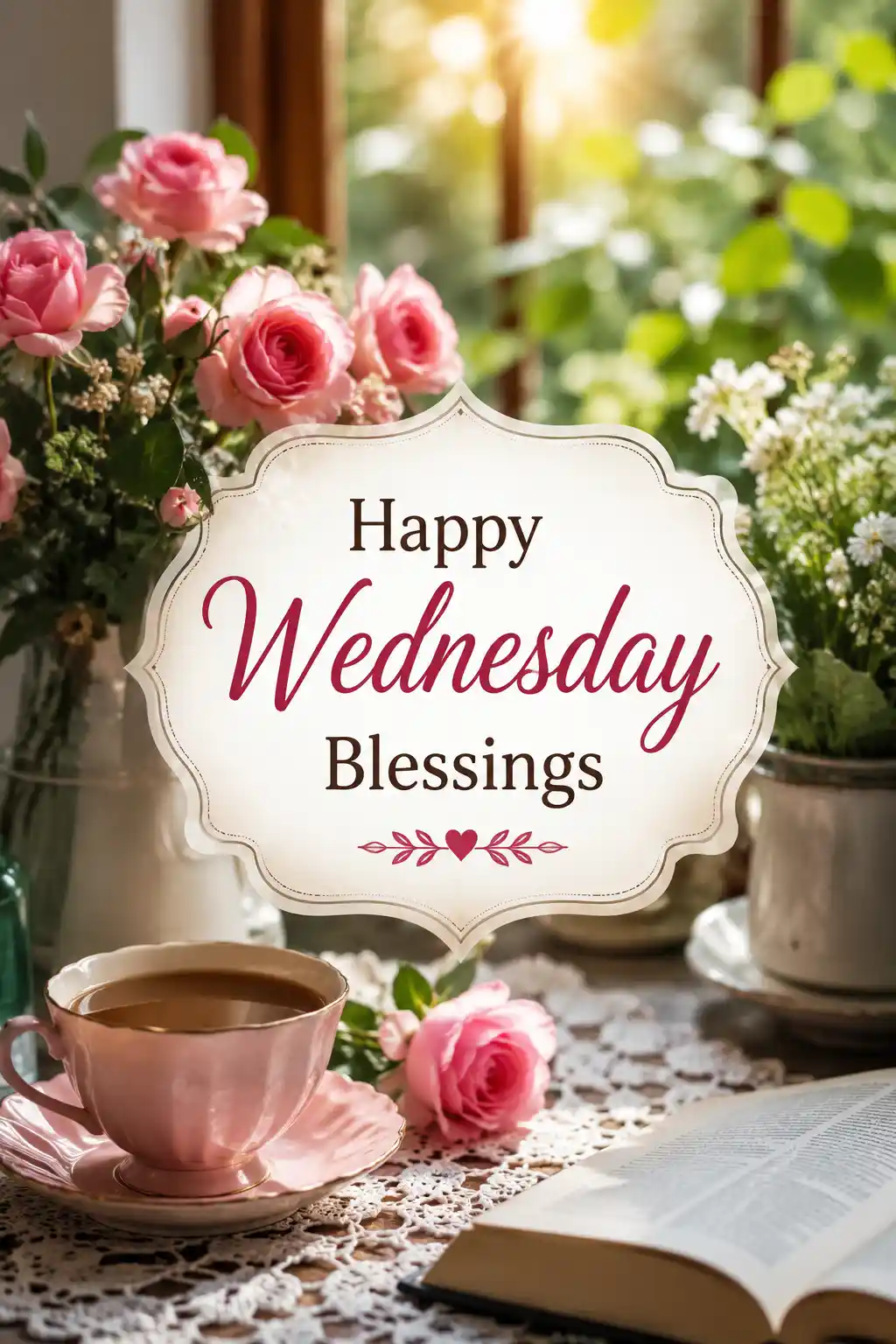 A teacup and saucer sit on a lace tablecloth beside an open book, surrounded by pink and white flowers. A sign in the center reads Happy Wednesday Blessings. Sunlight streams in through a window.