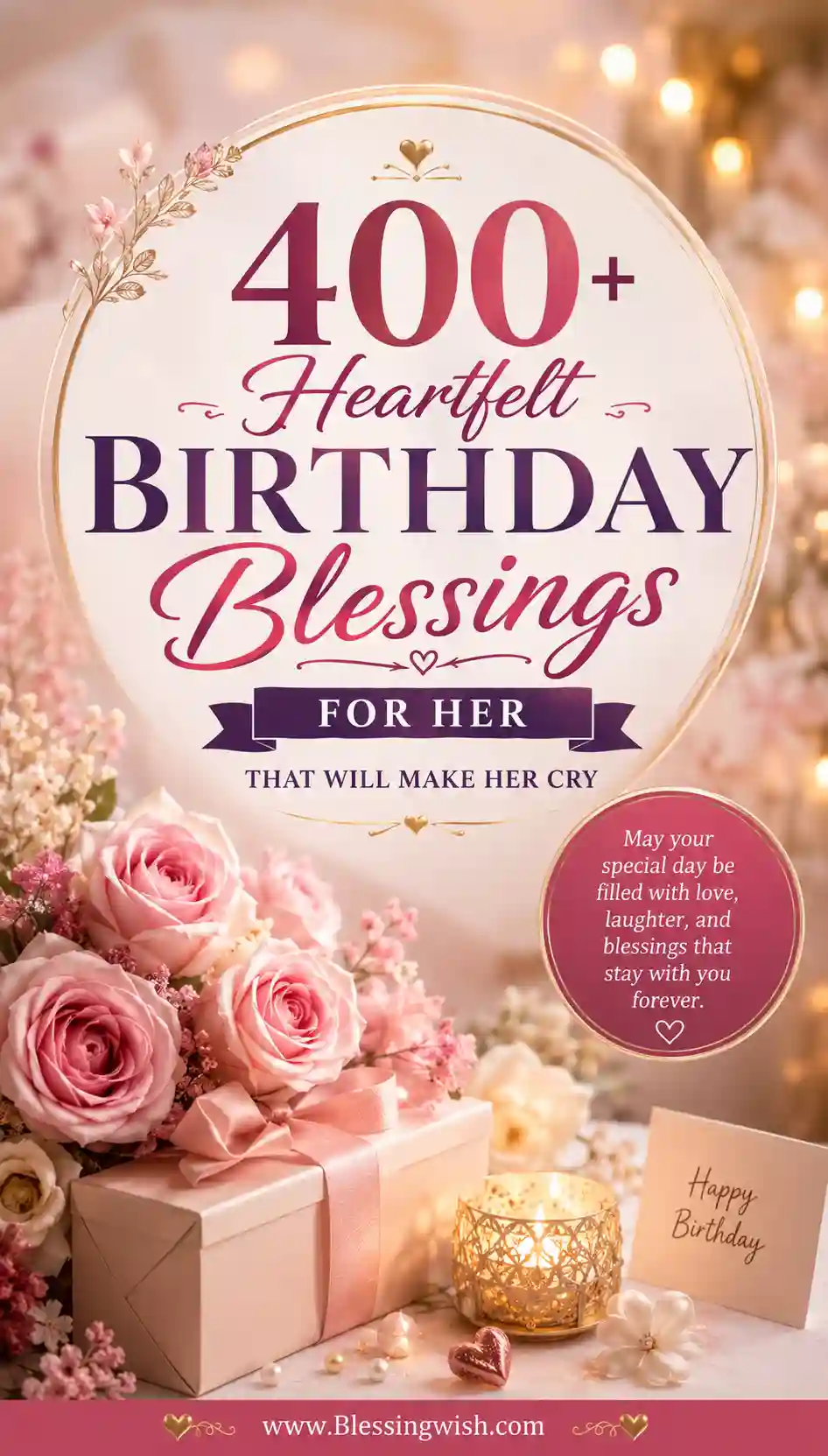 A decorative birthday card with pink flowers, a gift box, candles, and the text: 400+ Heartfelt Birthday Blessings For Her That Will Make Her Cry. A tag reads Happy Birthday..