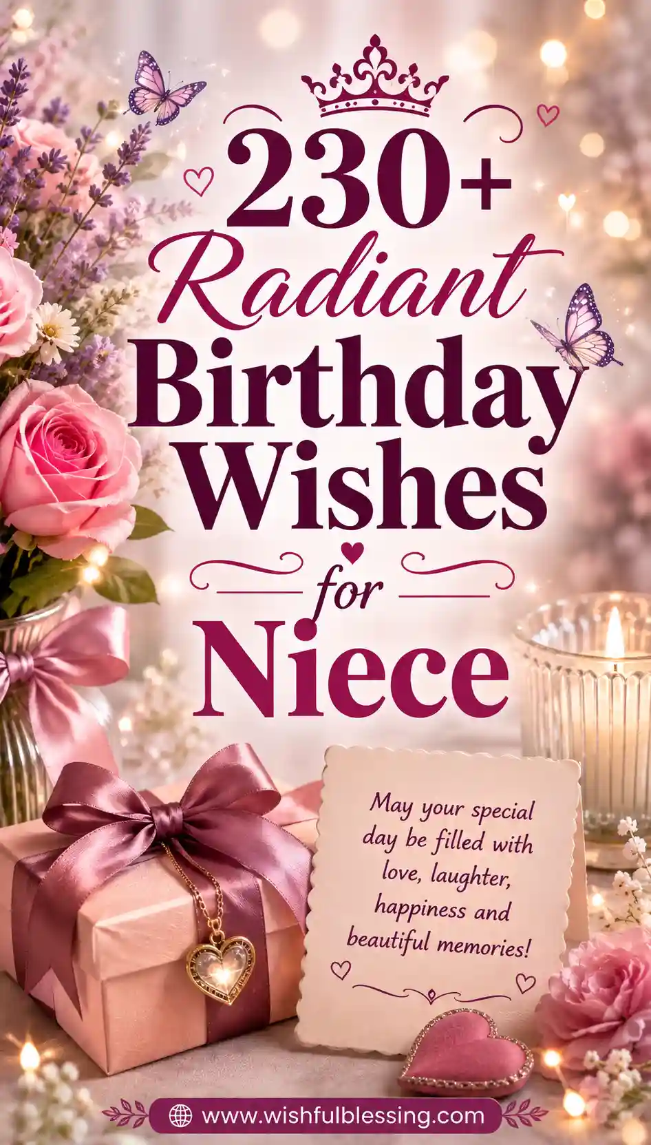 Pink and purple floral birthday scene with text: 230+ Radiant Birthday Wishes for Niece. Features a gift with a bow, a heart locket, candles, flowers, and a card with a loving wish. Butterflies and sparkles accent the image.