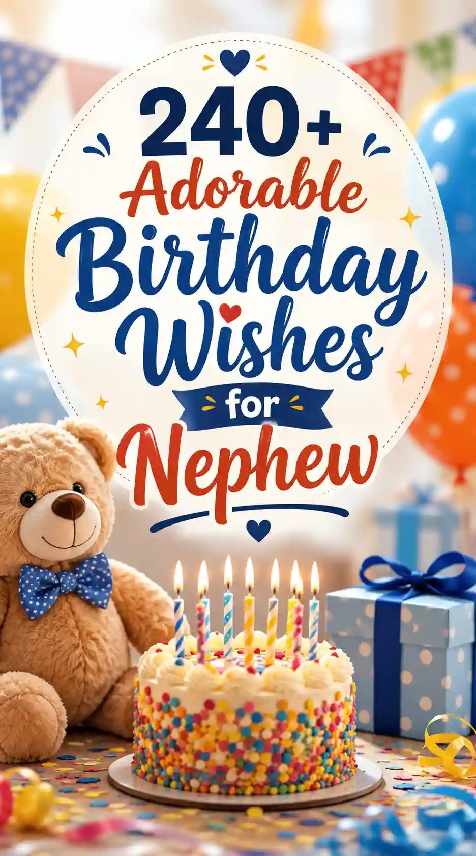 A teddy bear sits by a sprinkled birthday cake with lit candles, surrounded by balloons and gifts. A large sign reads, 240+ Adorable Birthday Wishes for Nephew. The scene is festive and colorful.