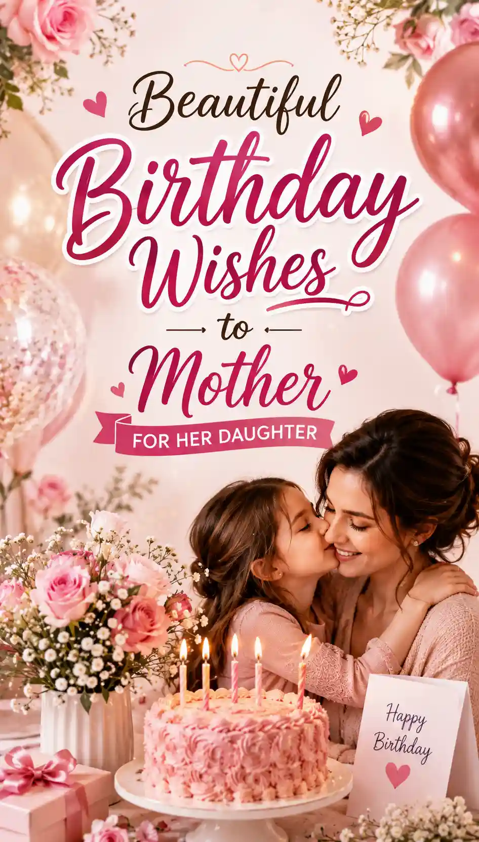 A mother and daughter hug and smile at a birthday celebration with pink flowers, balloons, a birthday cake with candles, and a card that says Happy Birthday. Text reads: Beautiful Birthday Wishes to Mother for her Daughter..