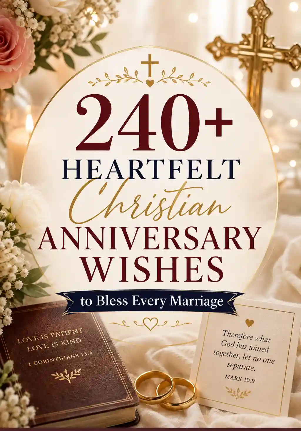 A decorative image with flowers, wedding rings, a Bible, and a cross, displaying the text: 240+ Heartfelt Christian Anniversary Wishes to Bless Every Marriage. Bible verses are also visible.