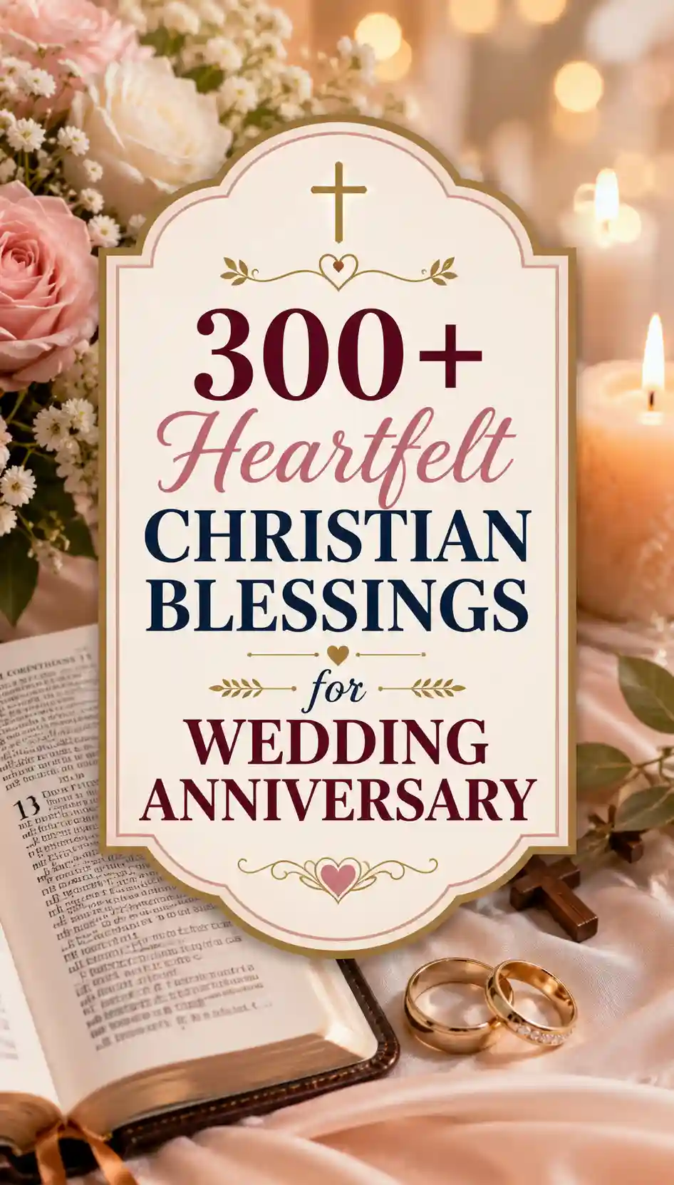 An open Bible, wedding rings, flowers, candles, and a sign that reads 300+ Heartfelt Christian Blessings for Wedding Anniversary arranged in a romantic, soft-lit setting.