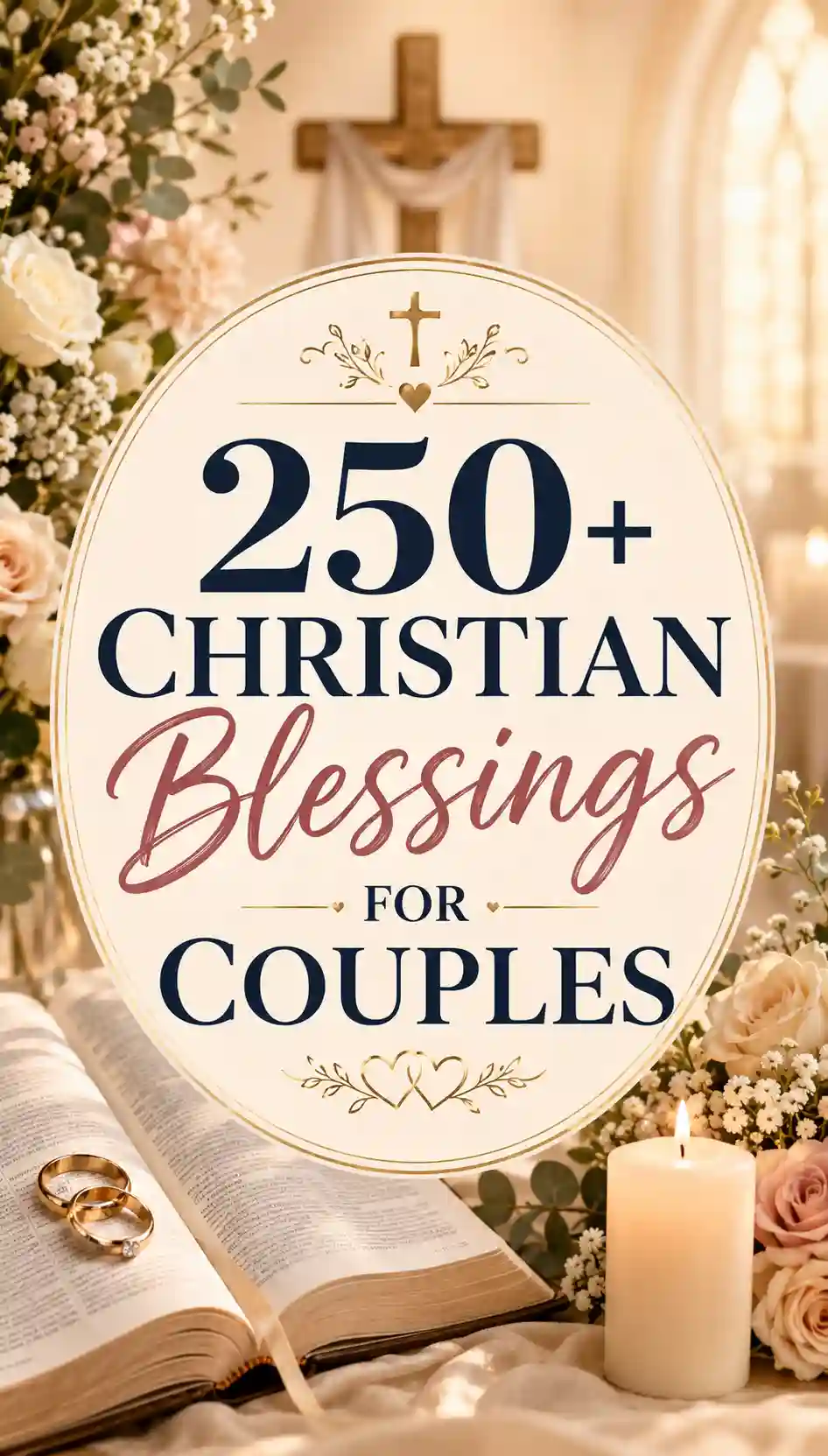 An open Bible, wedding rings, a candle, flowers, and a cross with text: 250+ Christian Blessings for Couples in an elegant church setting.