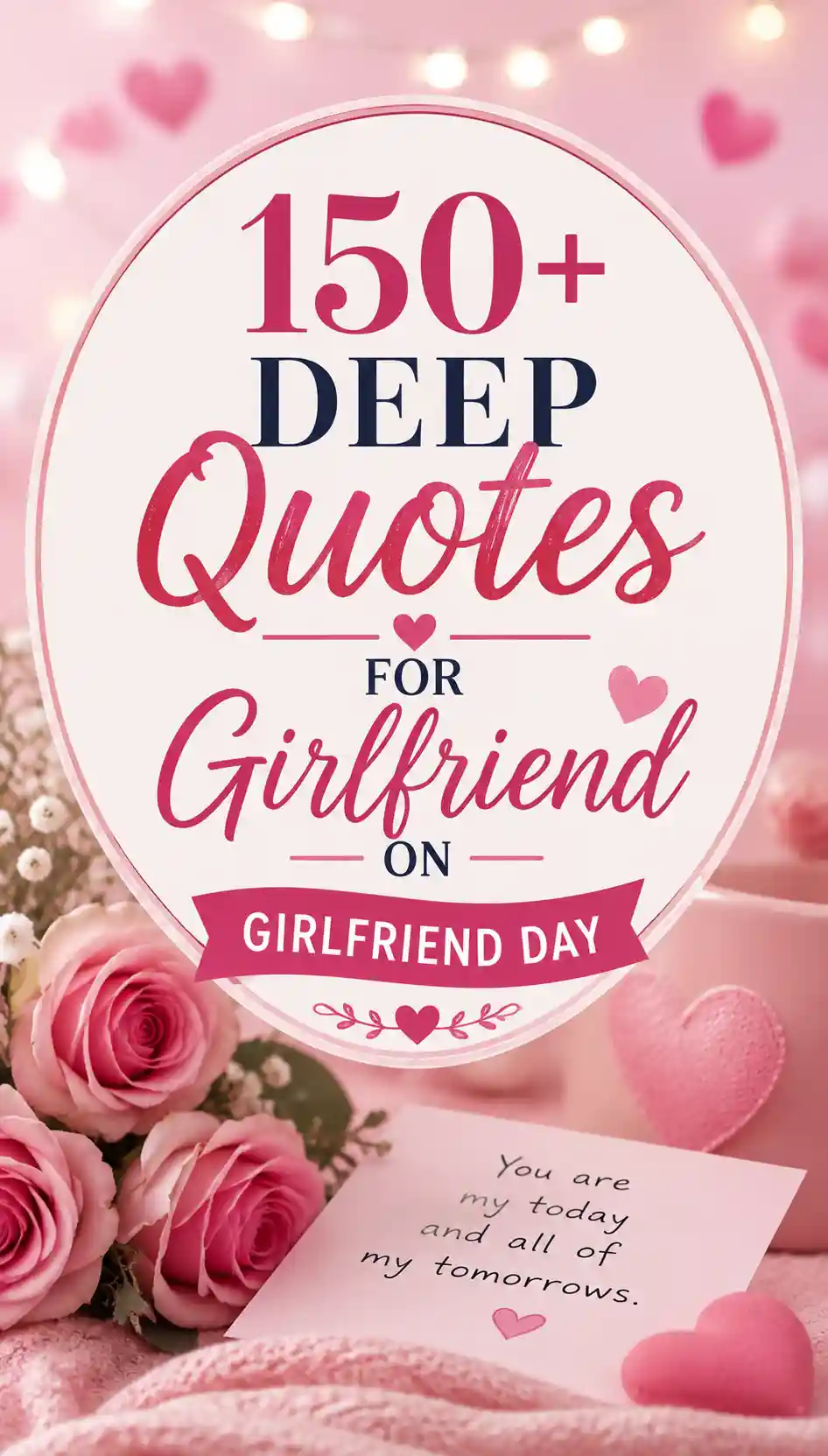A decorative card with pink roses, a heart, and a note saying You are my today and all of my tomorrows. Text reads: 150+ Deep Quotes for Girlfriend on Girlfriend Day..