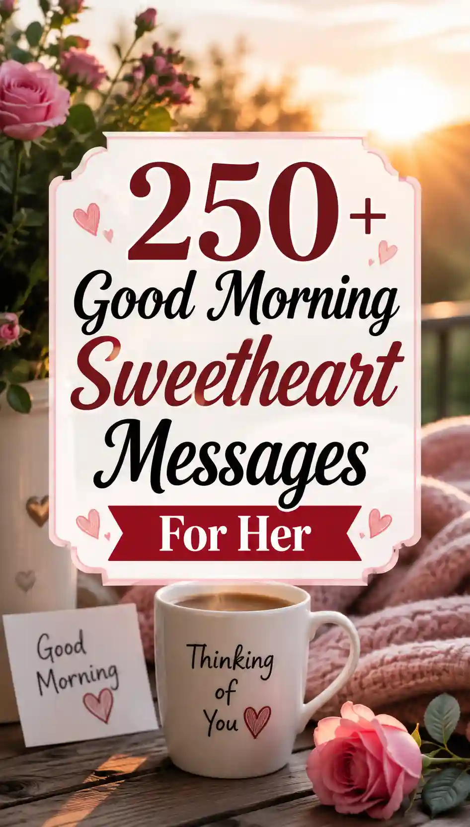 A coffee cup with Thinking of You text, a Good Morning note, pink roses, and a cozy blanket, with a sign reading 250+ Good Morning Sweetheart Messages For Her against a sunrise background.