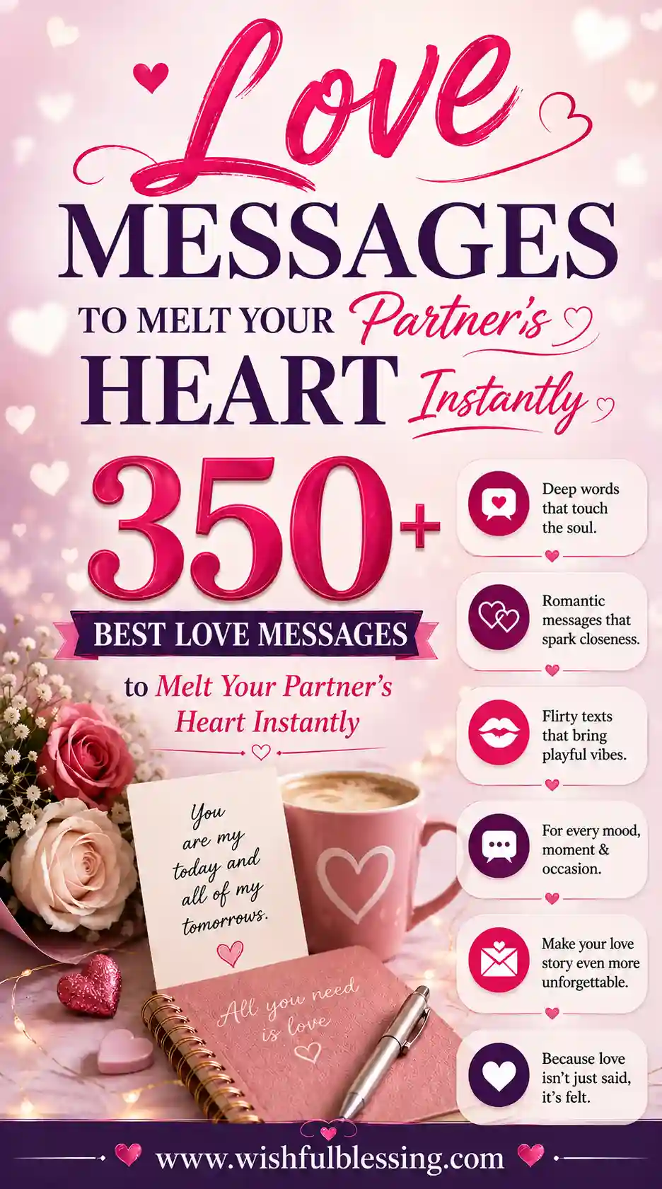 A romantic-themed infographic titled Love Messages to Melt Your Partners Heart Instantly, featuring 350+ messages, heart icons, a pink rose, coffee, and a love note with tips for heartfelt communication.