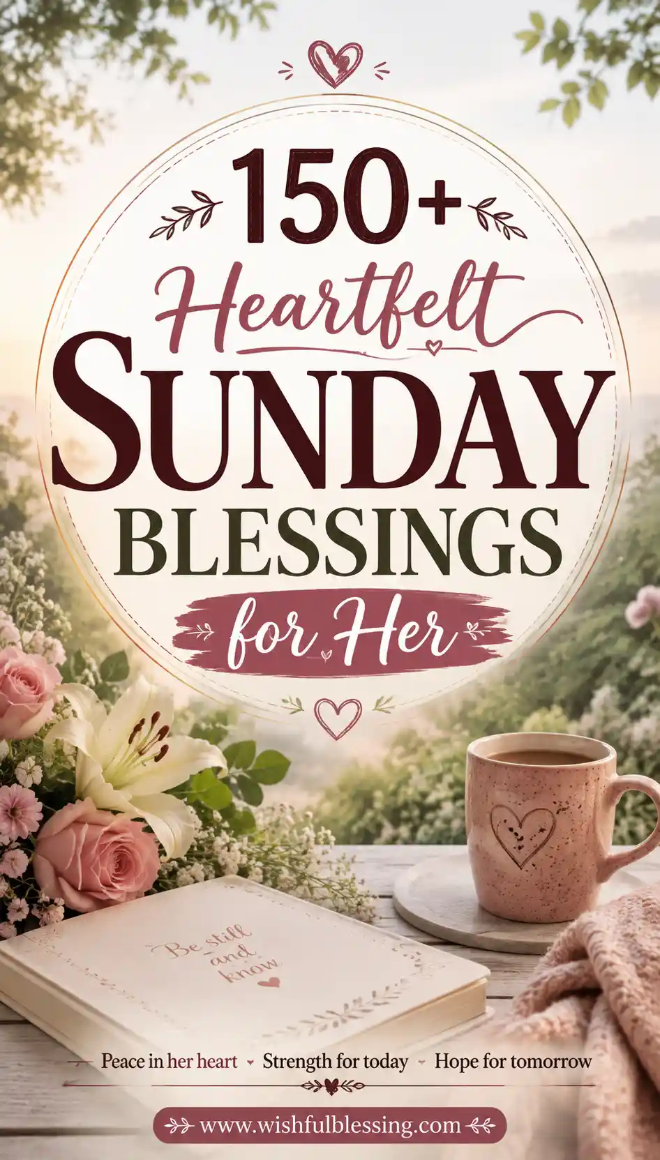 A cozy scene with flowers, a notebook, a cup of coffee, and the text 150+ Heartfelt Sunday Blessings for Her on a table by a window. Soft pink tones create a warm and peaceful atmosphere.