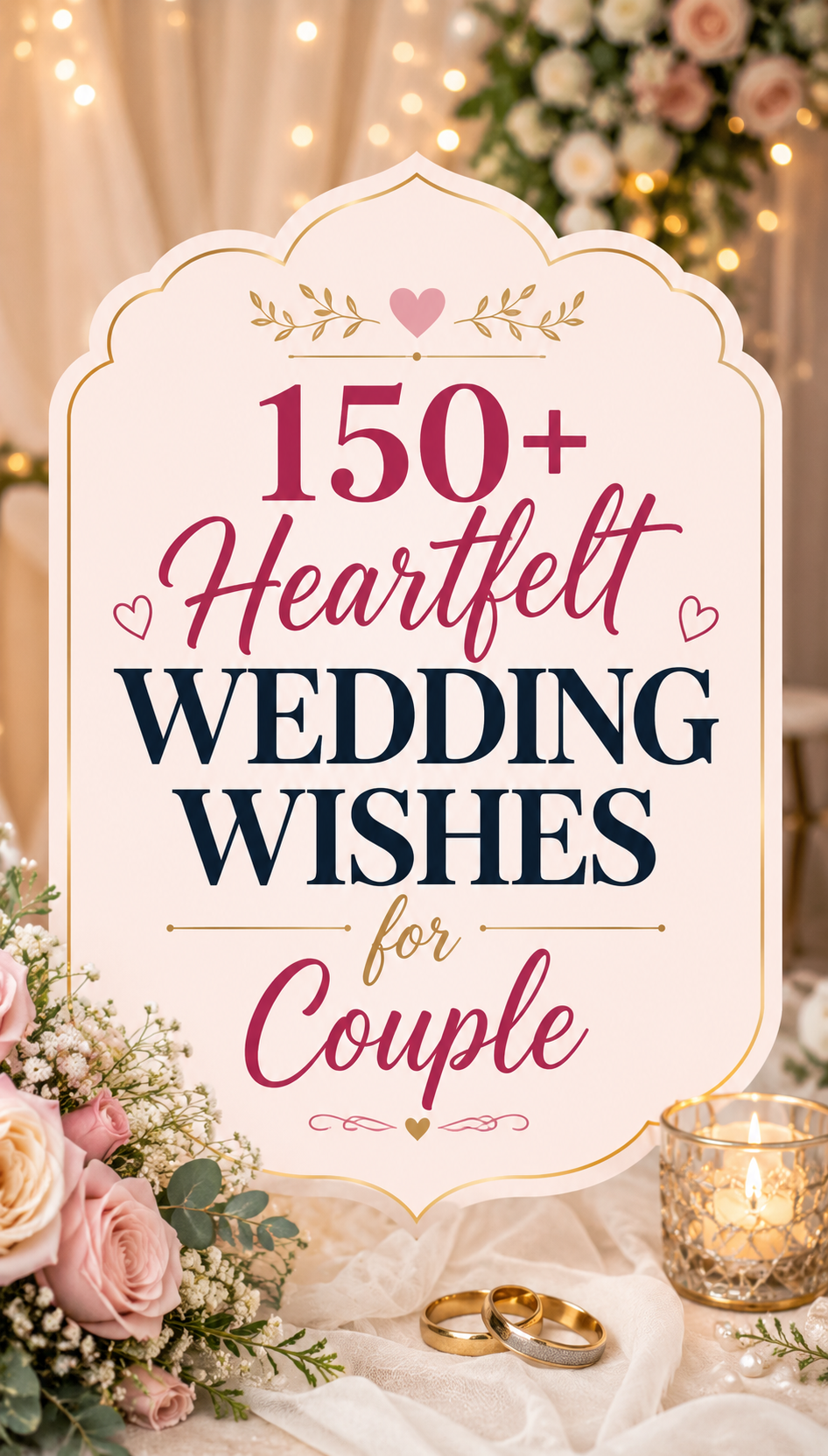 A decorative sign reads 150+ Heartfelt Wedding Wishes for Couple, surrounded by flowers, rings, a candle, and soft string lights in a romantic wedding setting.
