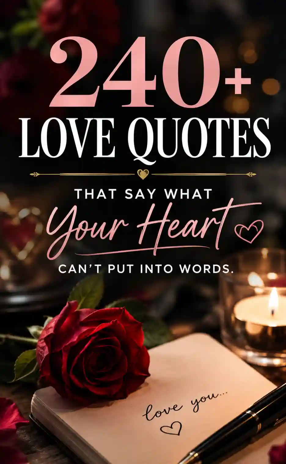 A notebook with love you... written, a red rose, and a lit candle, with the text: 240+ Love Quotes That Say What Your Heart Cant Put Into Words. Romantic ambiance with warm lighting.