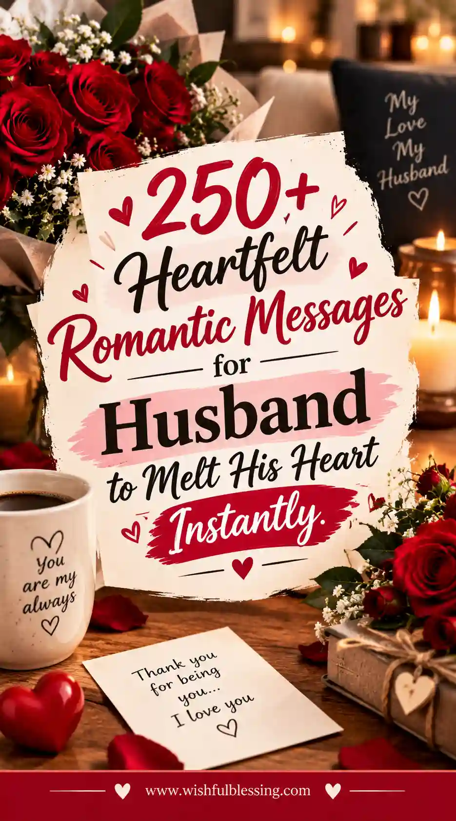 A romantic scene with roses, candles, a heart-shaped note, a wrapped gift, and a sign that reads: 250+ Heartfelt Romantic Messages for Husband to Melt His Heart Instantly..